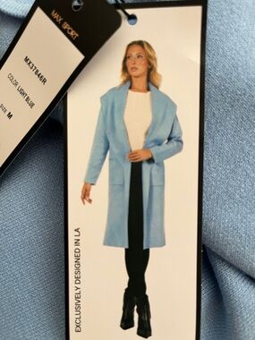 NWT Women's M Max Sport Light Blue Open Front Long Cardigan Coat Heather Blue